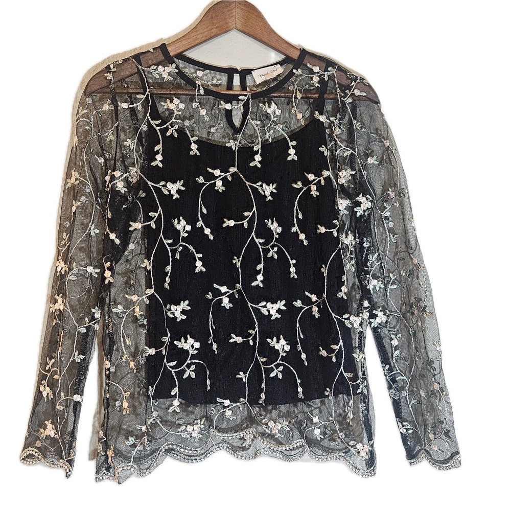 New & Next Shirt Womens‎ Medium Black Sheer Mesh Floral Embroidered Top Blouse